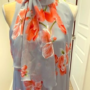Lined Dress Grey with orange flowers. Long scarf.